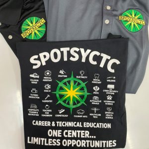 Custom uniforms including polos and printed shirts for Spotsylvania Career & Technical Center, produced by Core Prints in Fredericksburg.