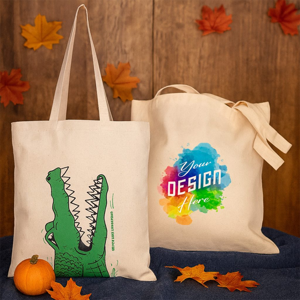Canvas tote bags with custom designs surrounded by pumpkins and autumn leaves on a wooden background.