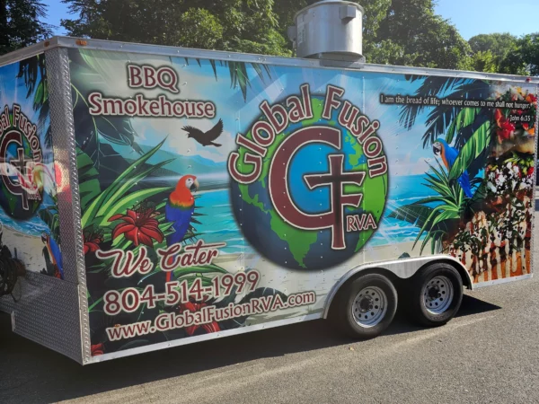 Side view of a trailer for Global Fusion, a vehicle wraps client of Core Prints in Fredericksburg, VA.