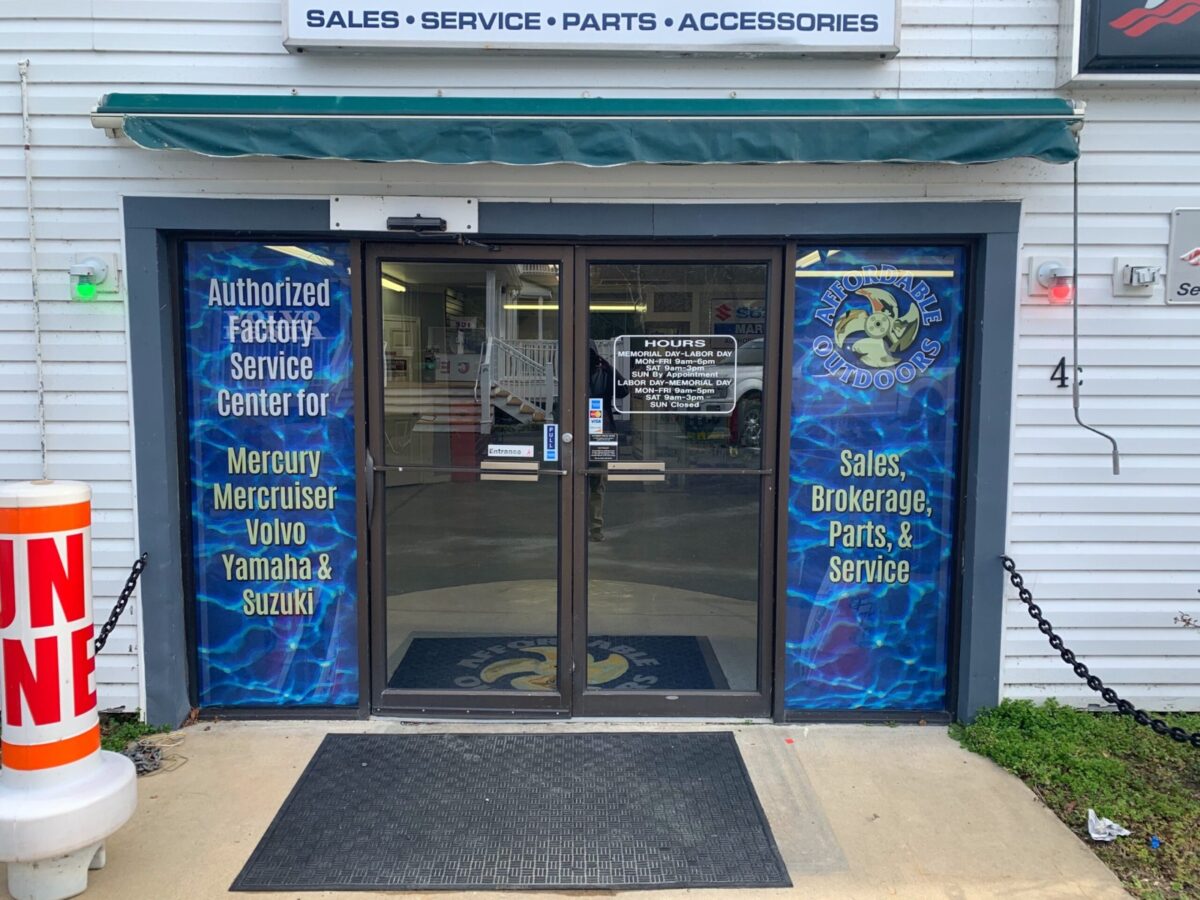 Branded window graphics for Affordable Outdoors, a wall graphics client of Core Prints in Fredericksburg, VA